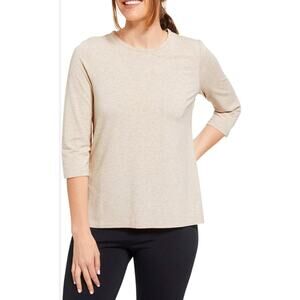 Chico's Knit Linen Blend Top Beige w/ Gold Metallic 3/4 Sleeve Size 3 A003130